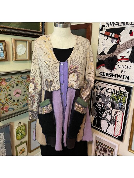 None Sweaters - Eclectic Reworked Scoop Neck Button Front Sweater Cardigan with Pockets XL